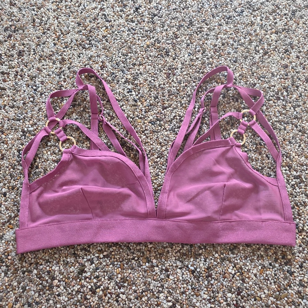 Wow Couture Strappy Cage Bralette Mauve Pink Mesh Gold Ring Detail Large